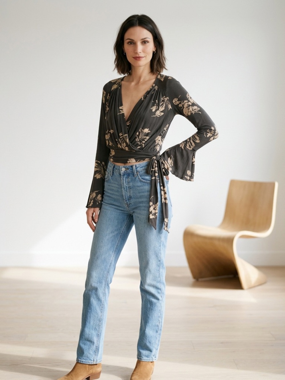 Free People Wrap Flowy Bell Sleeve Crop Top